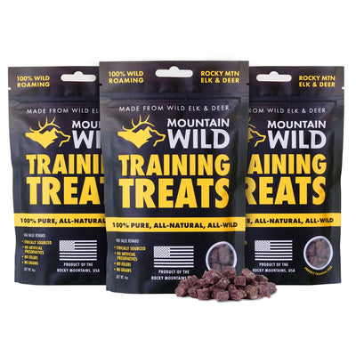 3-pack of Mountain Wild Training Treat Nibs showing the wild jerky nibs made from wild roaming elk and deer.